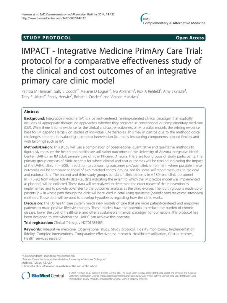IMPACT – Integrative Medicine PrimAry Care Trial: protocol for a comparative effectiveness study of the clinical and cost outcomes of an integrative primary care clinic model