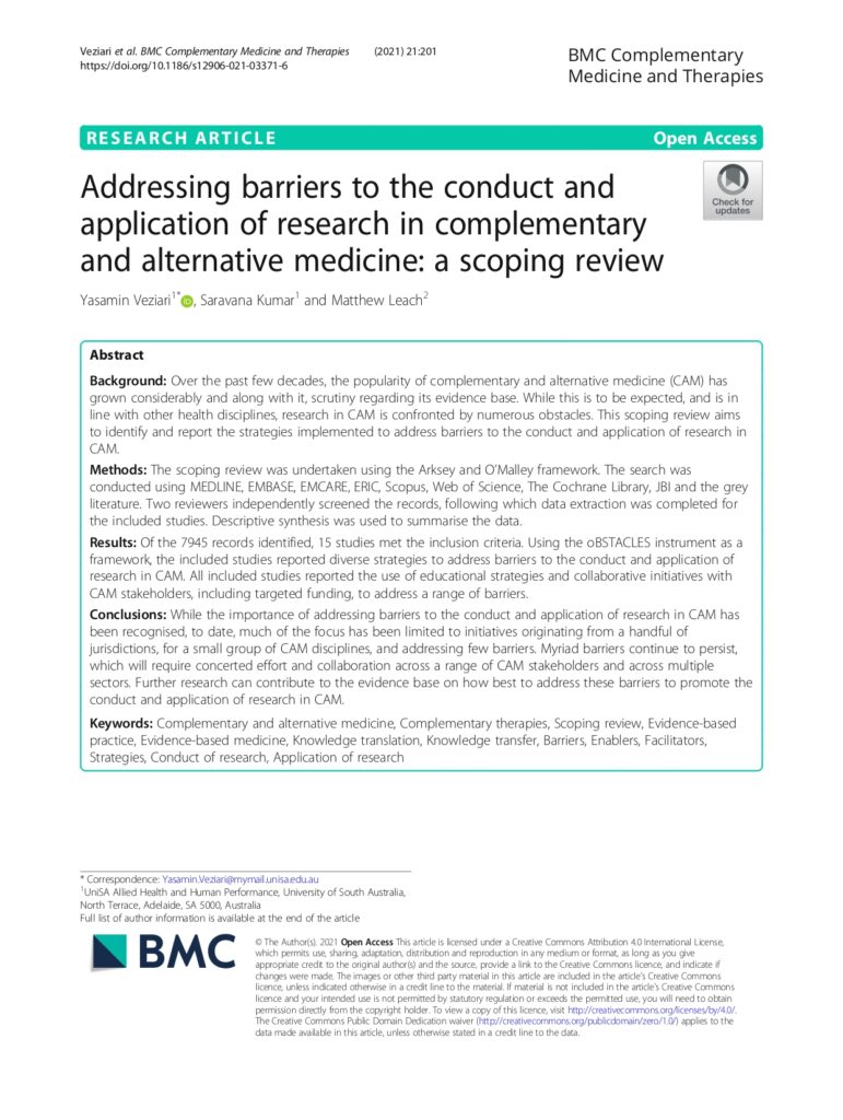 Addressing barriers to the conduct and application of research in complementary and alternative medicine: a scoping review