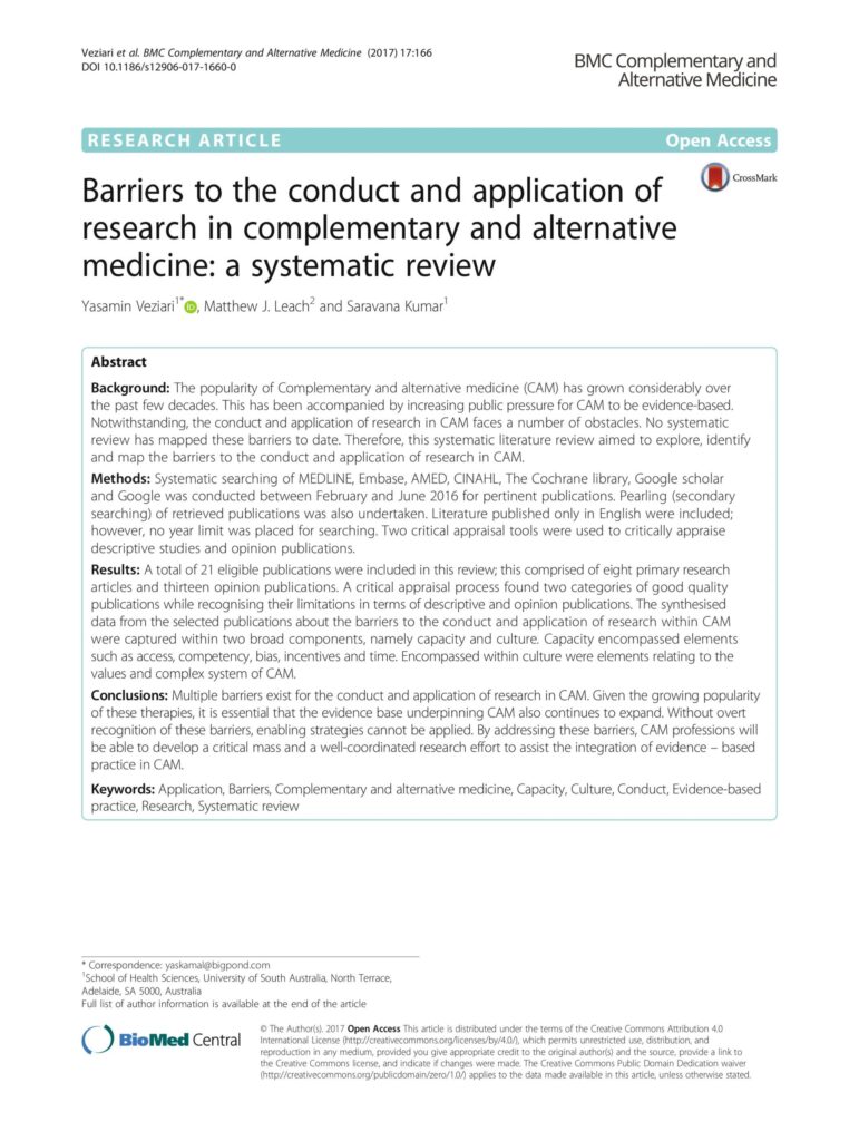 Barriers to the conduct and application of research in complementary and alternative medicine: a systematic review