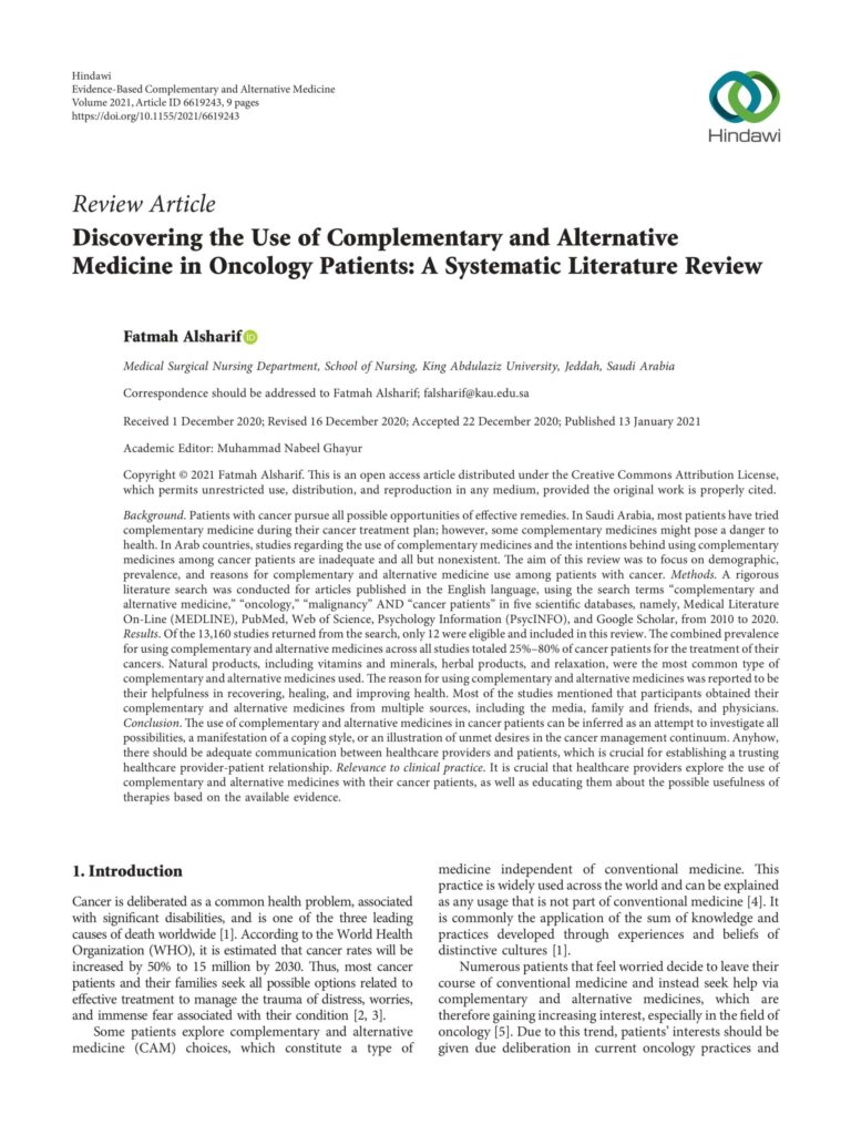 Discovering the Use of Complementary and Alternative Medicine in Oncology Patients: A Systematic Literature Review