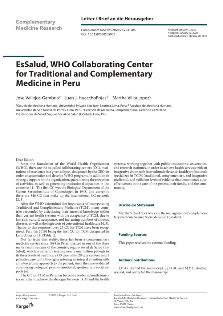 EsSalud, WHO Collaborating Center for Traditional and Complementary Medicine in Peru