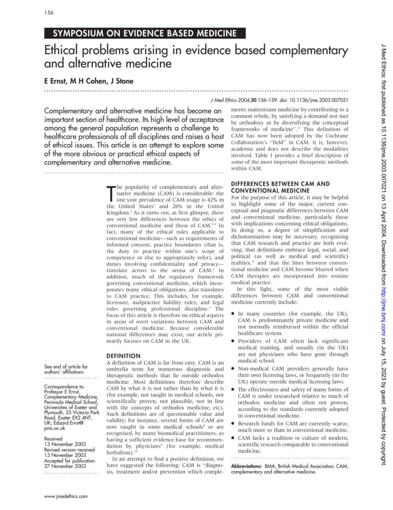 Ethical problems arising in evidence based complementary
