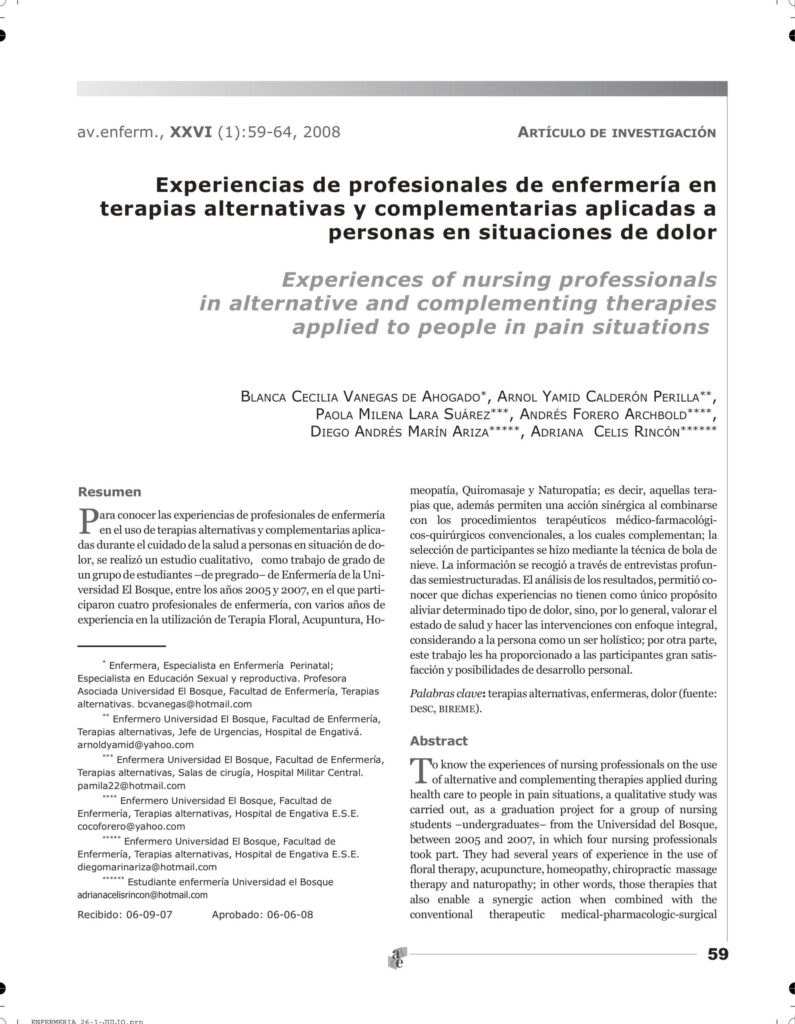 Experiencias de profesionales de enfermería en terapias alternativas y complementarias aplicadas a personas en situaciones de dolor