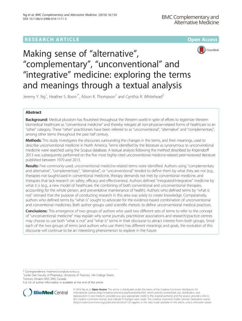 Making sense of “alternative”, “complementary”, “unconventional” and “integrative” medicine: exploring the terms and meanings through a textual analysis