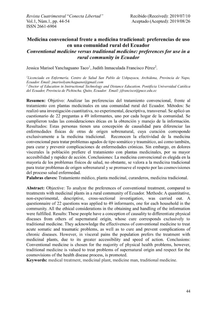 Medicina convencional frente a medicina tradicional: preferencias de uso en una comunidad rural del Ecuador Conventional medicine versus traditional medicine: preferences for use in a rural community in Ecuador