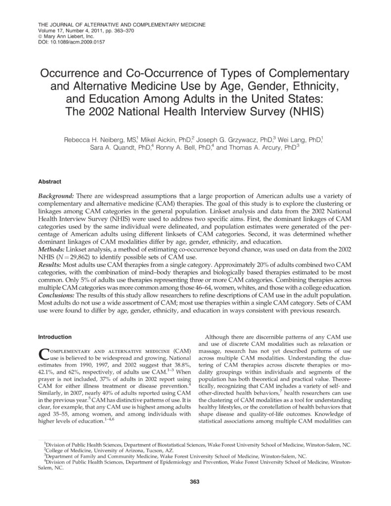 Occurrence and Co-Occurrence of Types of Complementary and Alternative Medicine Use by Age, Gender, Ethnicity, and Education Among Adults in the United States: The 2002 National Health Interview Survey (NHIS)