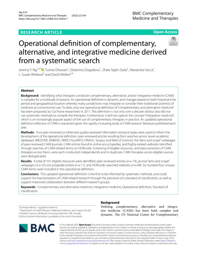 Operational definition of complementary, alternative, and integrative medicine derived from a systematic search