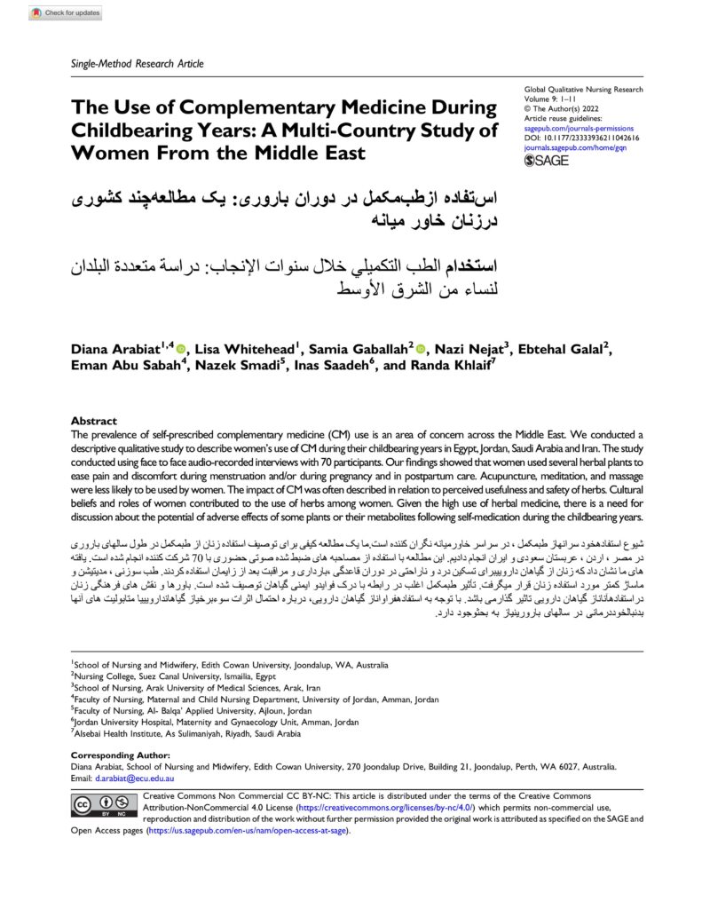 The Use of Complementary Medicine During Childbearing Years: A Multi-Country Study of Women From the Middle East