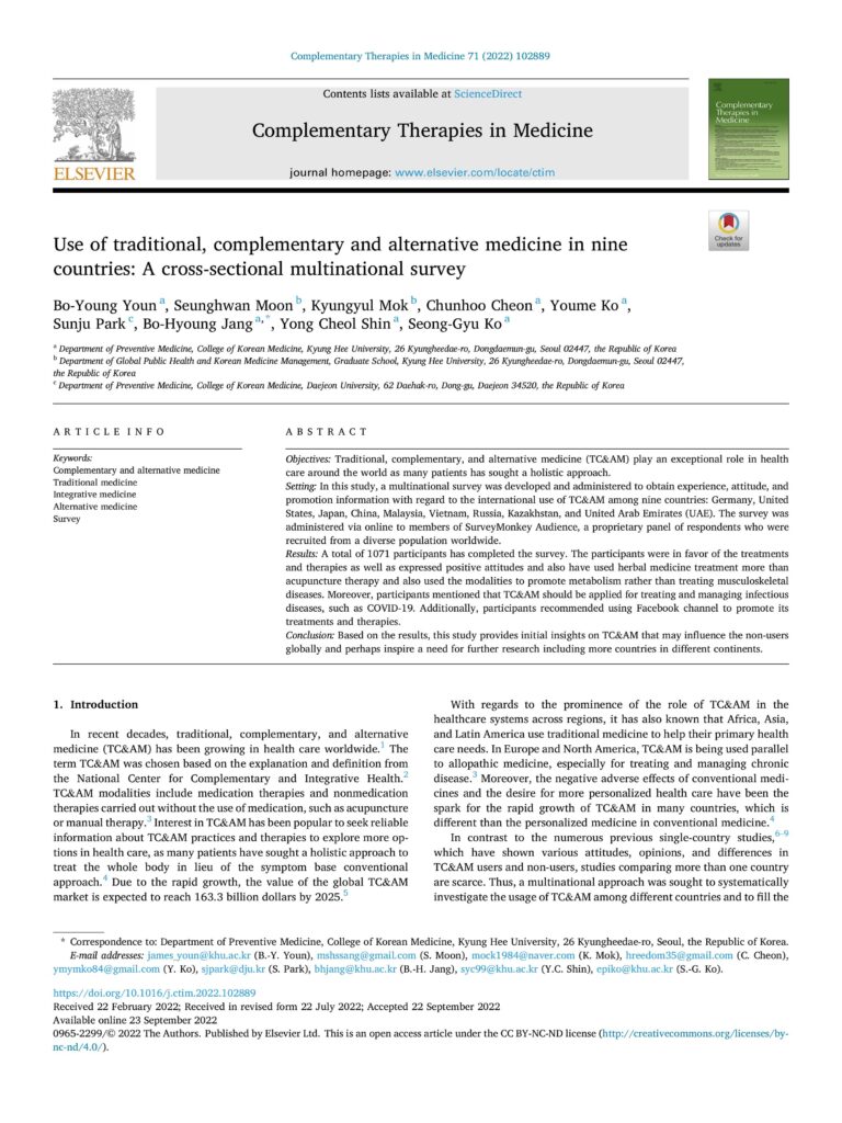 Use of traditional, complementary and alternative medicine in nine countries: A cross-sectional multinational survey